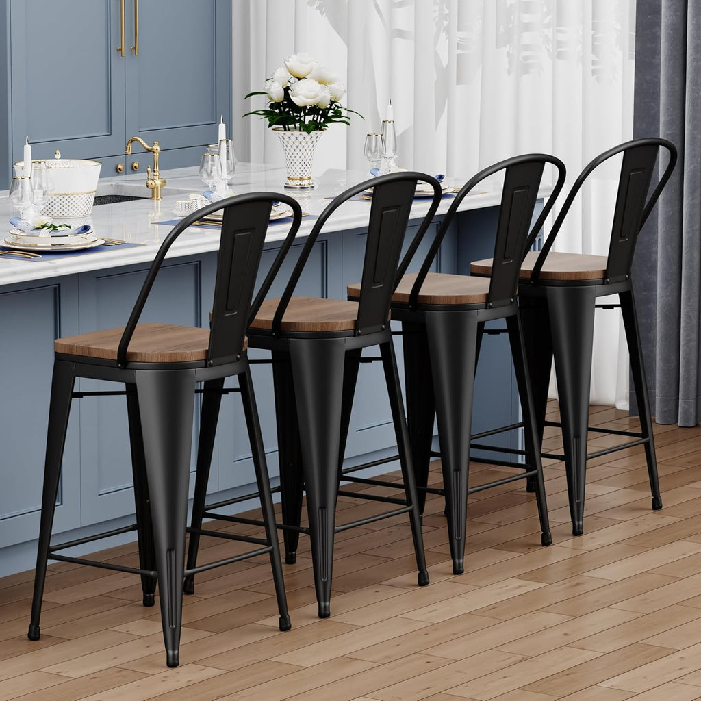 Yongqiang Barstools Set of 4 Counter Height Bar Stools for Kitchen Island Farmhouse Metal High Back Bar Chairs Wooden Seat 24" Matte Black - Grand Goldman