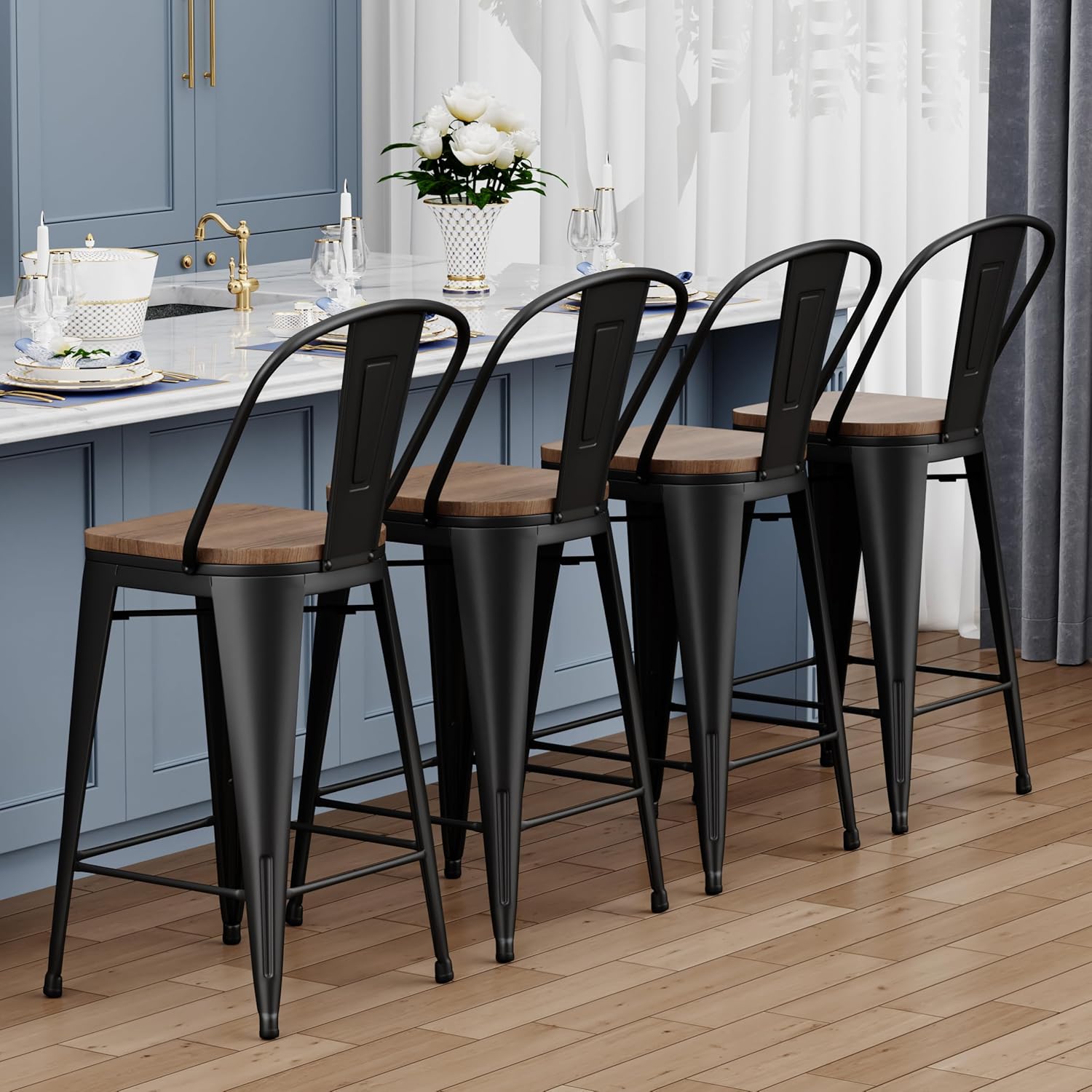 Yongqiang Barstools Set of 4 Counter Height Bar Stools for Kitchen Island Farmhouse Metal High Back Bar Chairs Wooden Seat 24" Matte Black - Grand Goldman