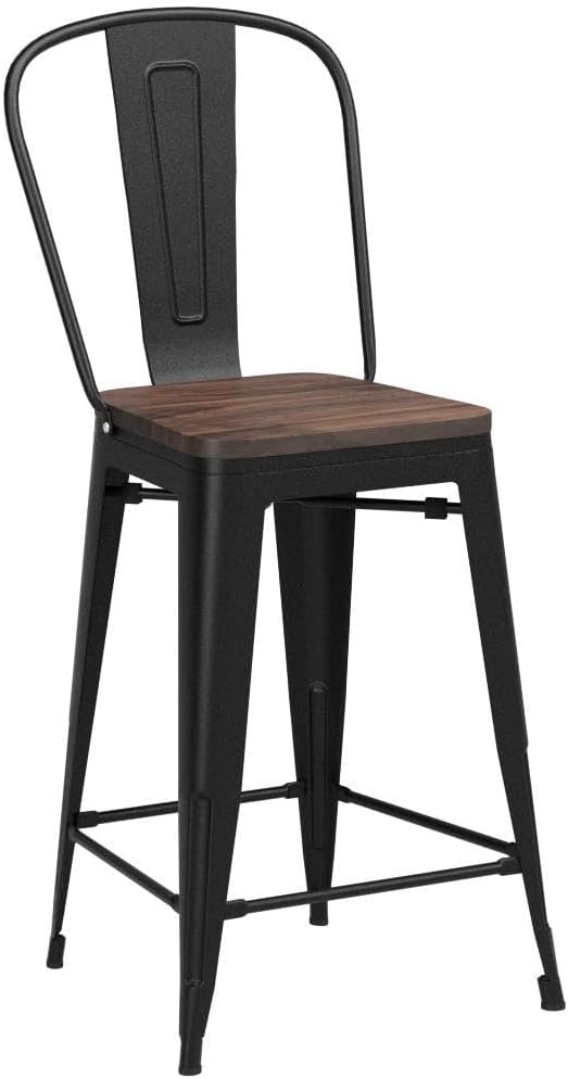 Yongqiang Barstools Set of 4 Counter Height Bar Stools for Kitchen Island Farmhouse Metal High Back Bar Chairs Wooden Seat 24" Matte Black - Grand Goldman