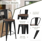 Yongqiang Barstools Set of 4 Counter Height Bar Stools for Kitchen Island Farmhouse Metal High Back Bar Chairs Wooden Seat 24" Matte Black - Grand Goldman