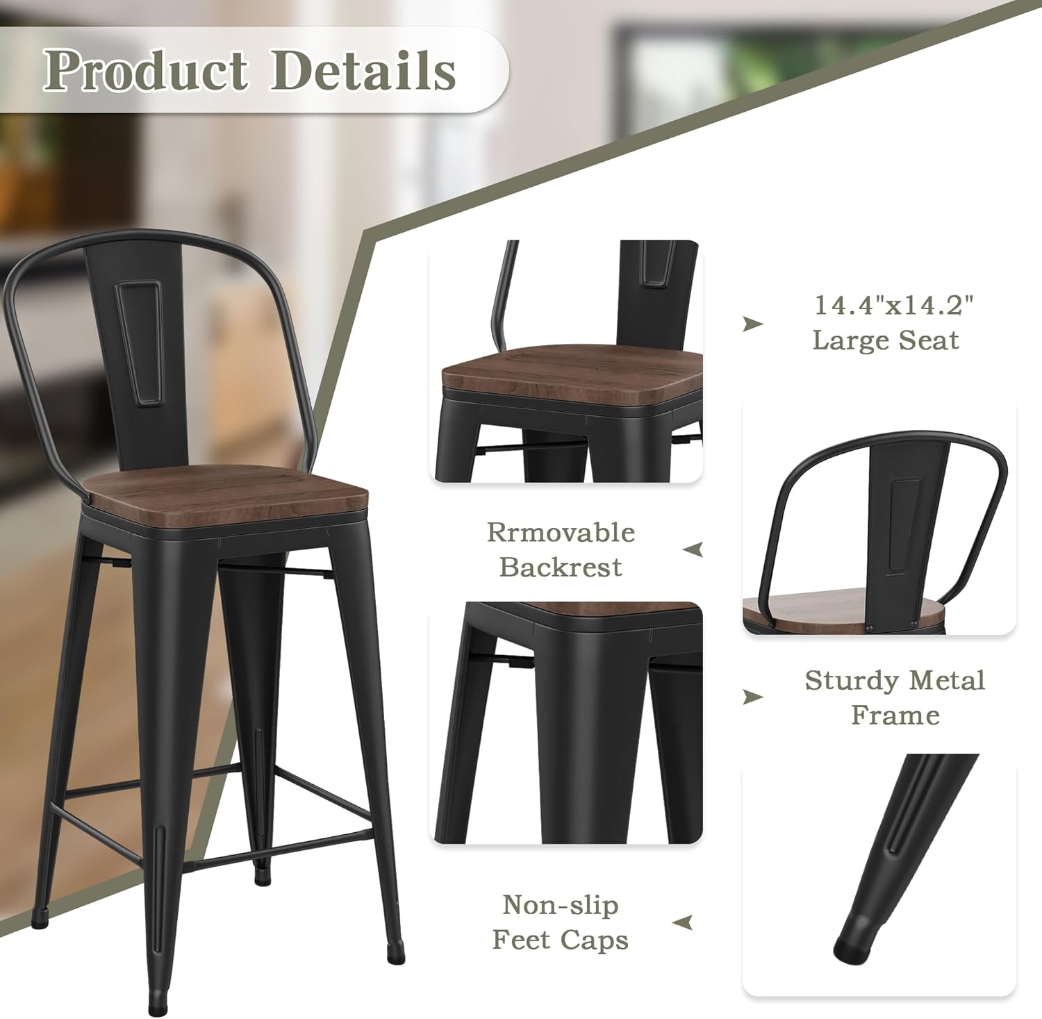Yongqiang Barstools Set of 4 Counter Height Bar Stools for Kitchen Island Farmhouse Metal High Back Bar Chairs Wooden Seat 24" Matte Black - Grand Goldman