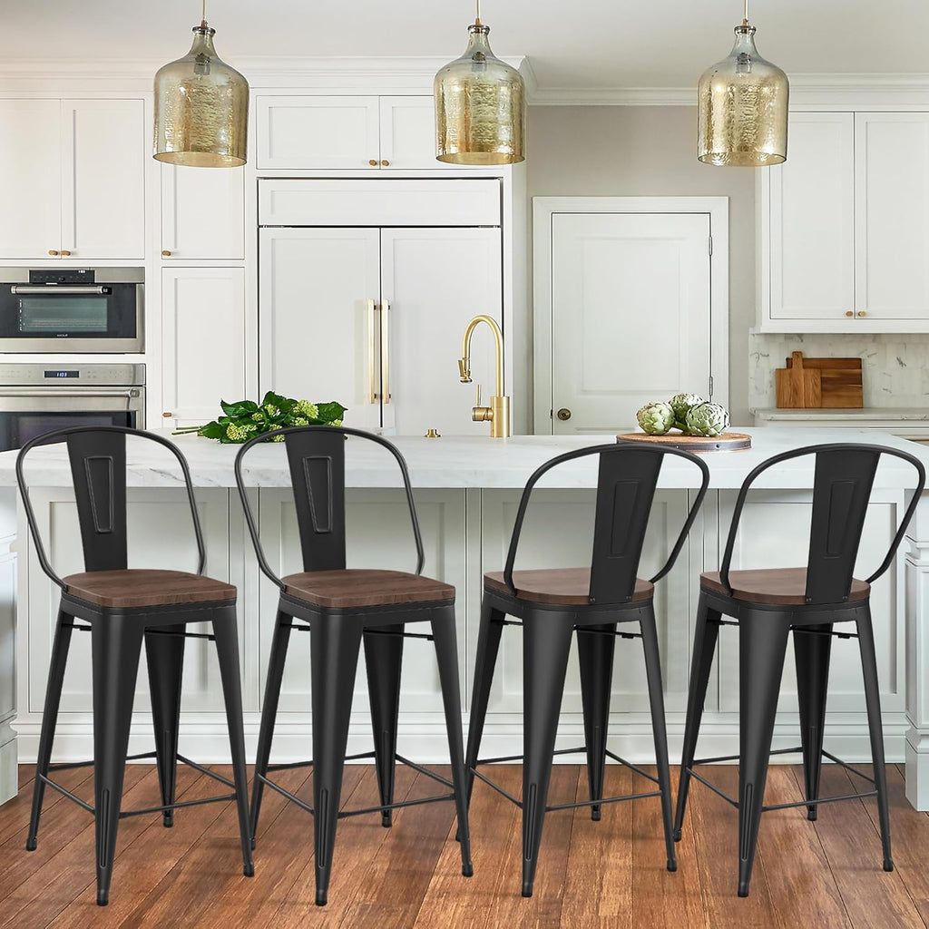 Yongqiang Barstools Set of 4 Counter Height Bar Stools for Kitchen Island Farmhouse Metal High Back Bar Chairs Wooden Seat 24" Matte Black - Grand Goldman