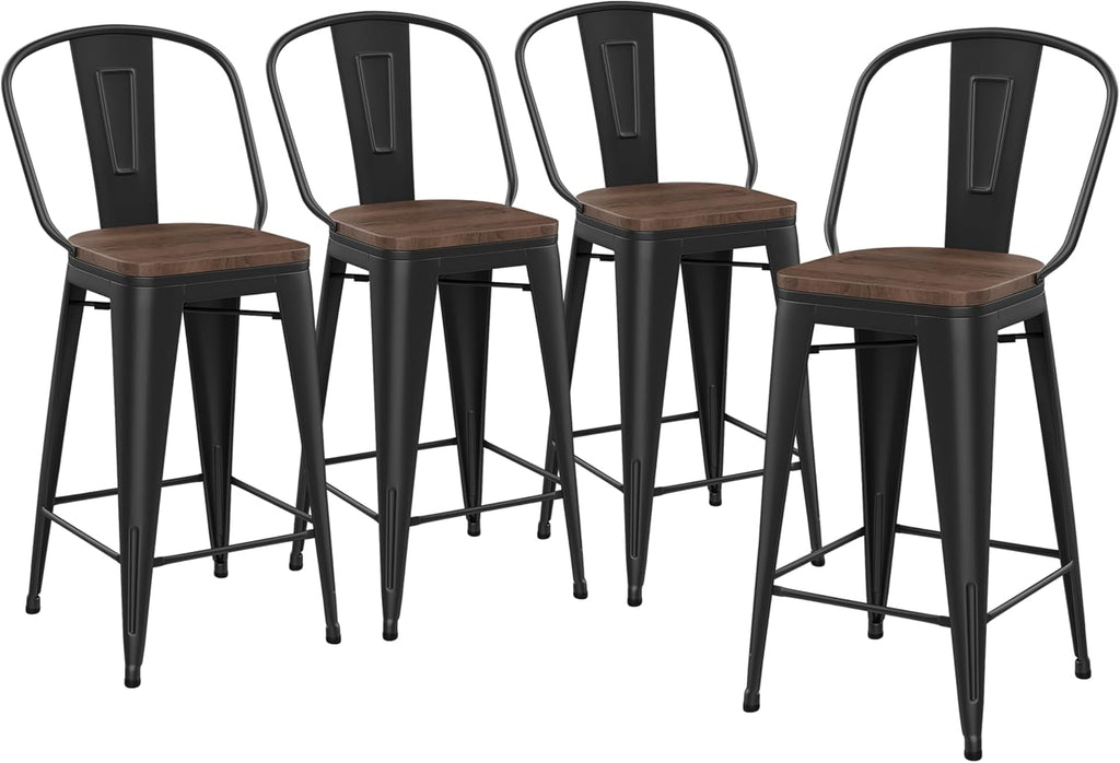 Yongqiang Barstools Set of 4 Counter Height Bar Stools for Kitchen Island Farmhouse Metal High Back Bar Chairs Wooden Seat 24" Matte Black - Grand Goldman