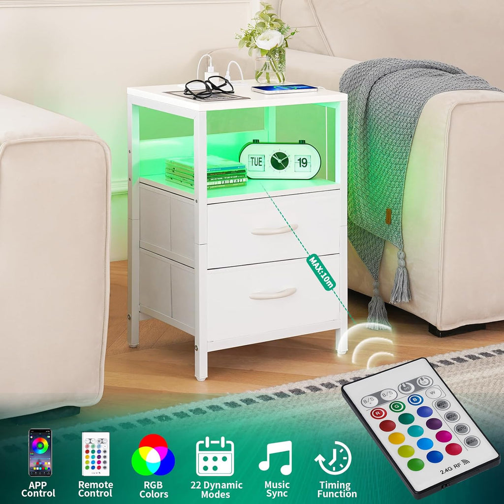Yoobure Nightstand with Charging Station, LED Night Stand with Fabric Drawers and Storage Shelf for Bedroom, Nightstands Bedside Tables with USB Ports & Outlets, Small Night Stands, Bed Side Table - Grand Goldman