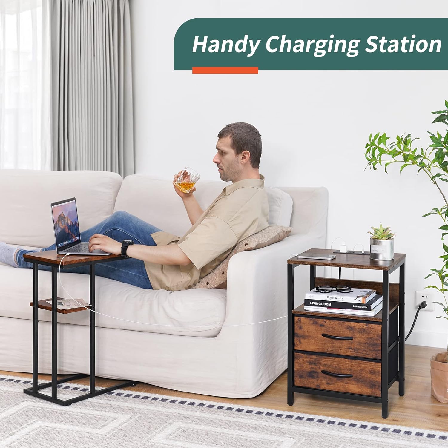 Yoobure Nightstand with Charging Station, Small Night Stand with Fabric Drawers and Storage Shelf for Bedrooms, Small Spaces, Bedside Table with USB Ports & Outlets - Grand Goldman