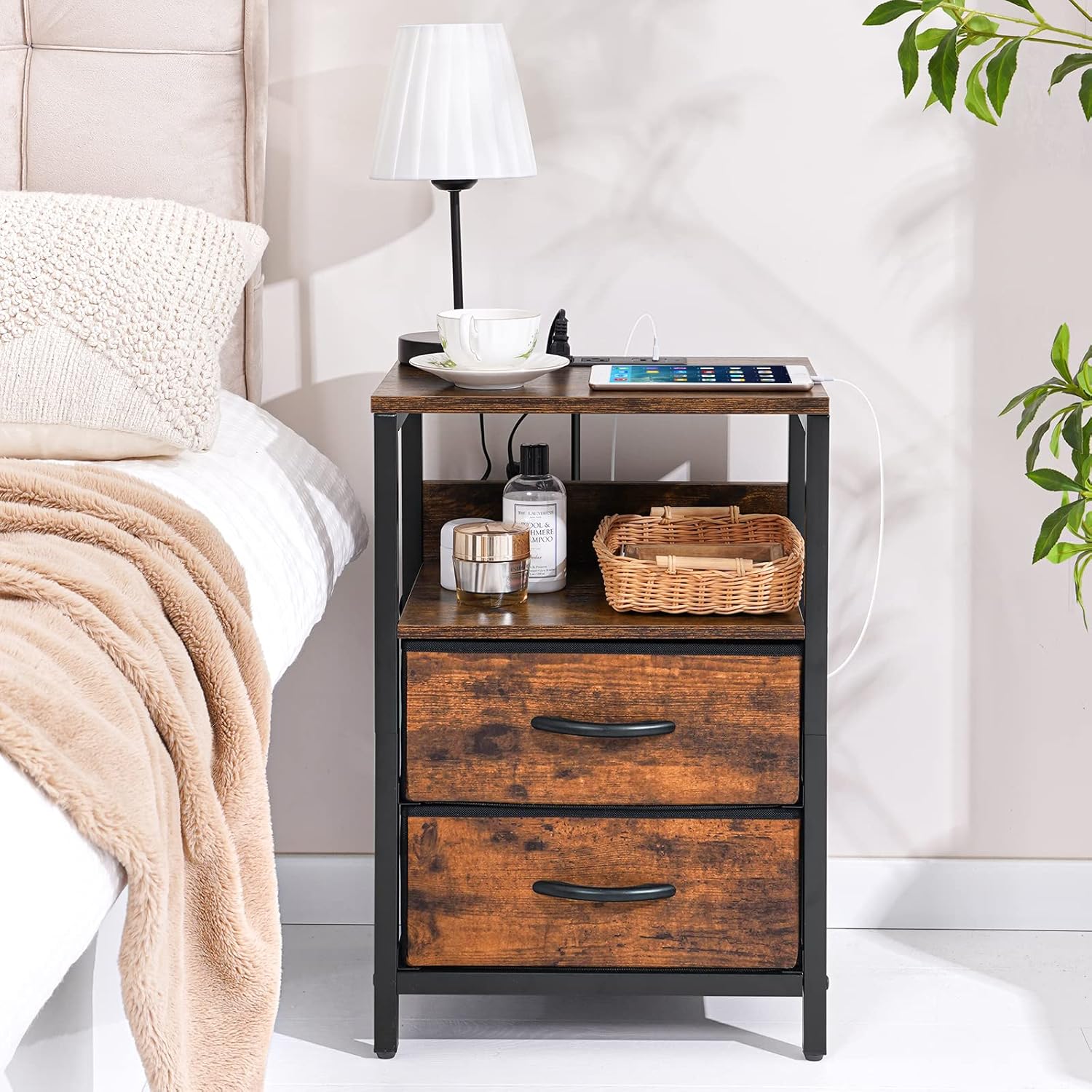 Yoobure Nightstand with Charging Station, Small Night Stand with Fabric Drawers and Storage Shelf for Bedrooms, Small Spaces, Bedside Table with USB Ports & Outlets - Grand Goldman