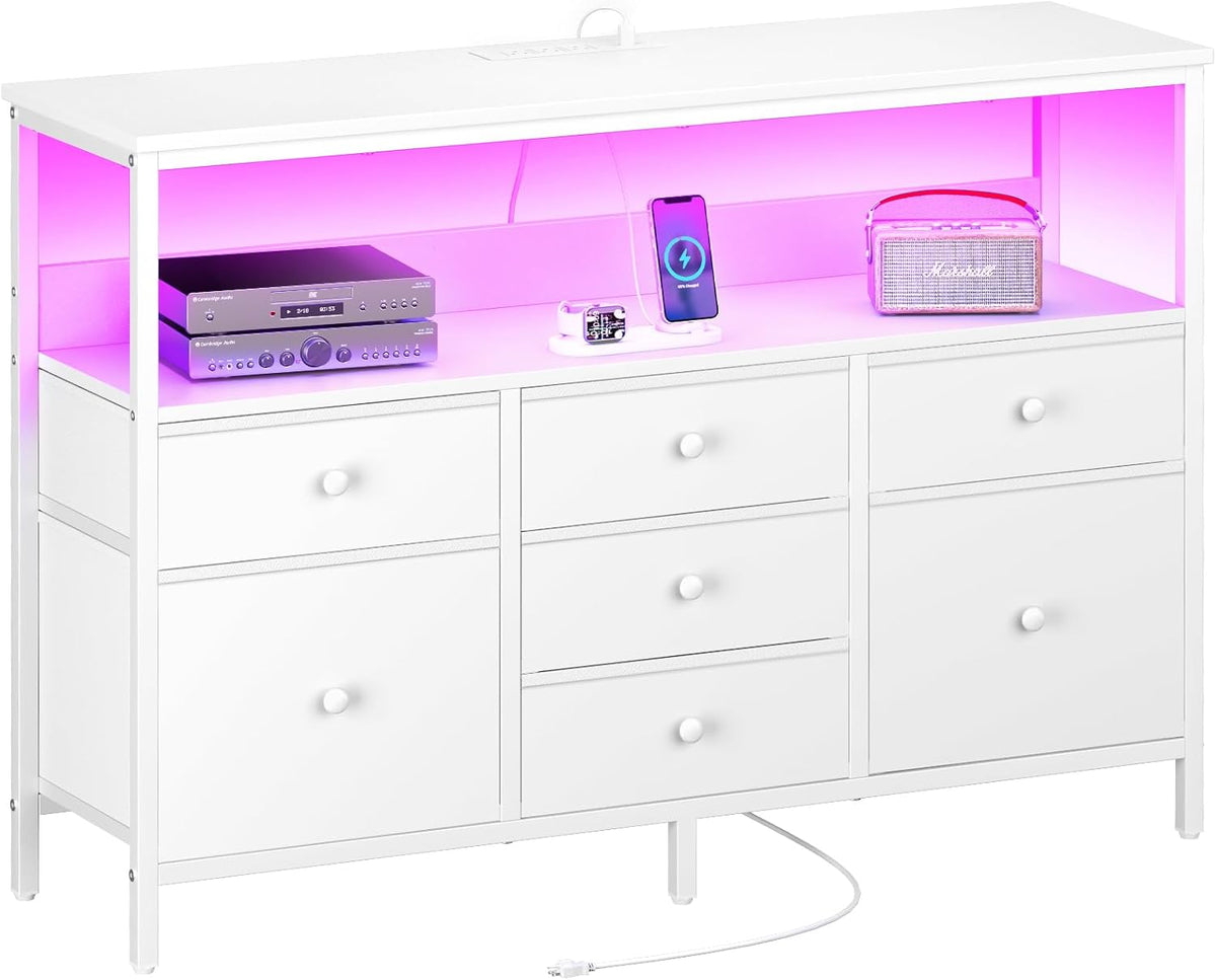 Yoobure TV Stand Dresser for Bedroom, 7 Fabric Drawers Entertainment Center, LED Dressers with Power Outlets, TV Stands for Living Room with Storage Shelf, TV Console Entertainment Stand up to 50" TV - Grand Goldman