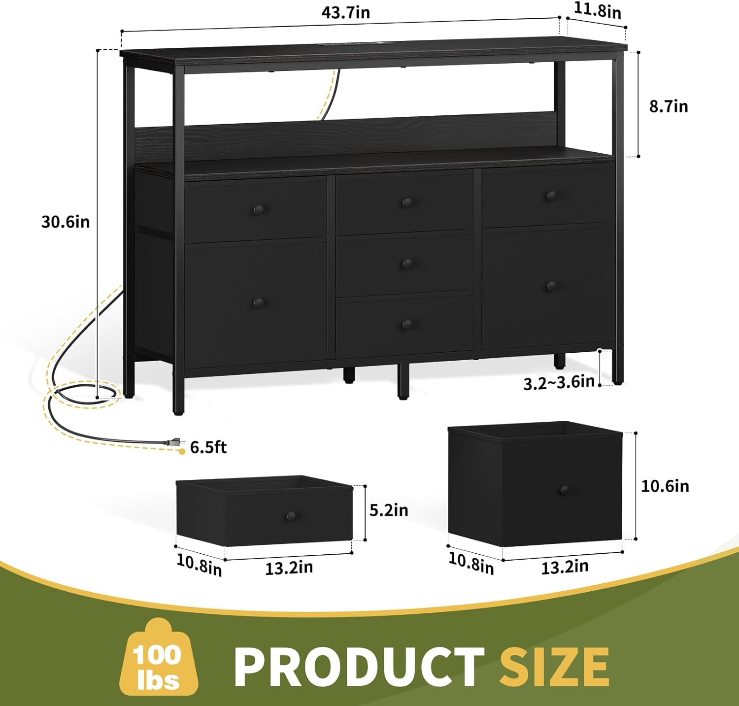 Yoobure TV Stand Dresser for Bedroom, 7 Fabric Drawers Entertainment Center, LED Dressers with Power Outlets, TV Stands for Living Room with Storage Shelf, TV Console Entertainment Stand up to 50" TV - Grand Goldman