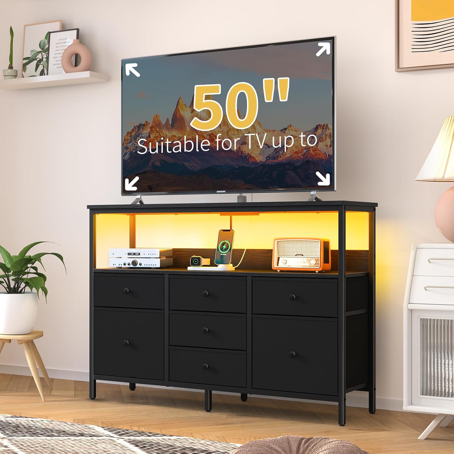 Yoobure TV Stand Dresser for Bedroom, 7 Fabric Drawers Entertainment Center, LED Dressers with Power Outlets, TV Stands for Living Room with Storage Shelf, TV Console Entertainment Stand up to 50" TV - Grand Goldman