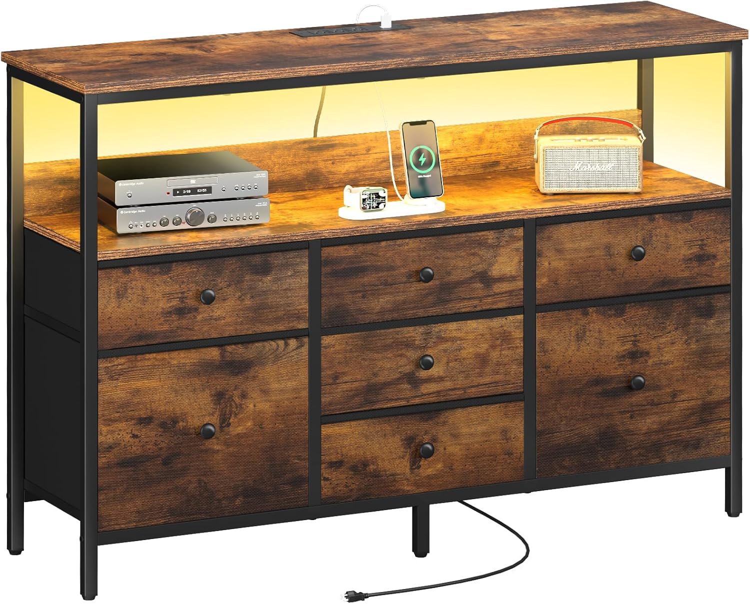 Yoobure TV Stand Dresser for Bedroom, 7 Fabric Drawers Entertainment Center, LED Dressers with Power Outlets, TV Stands for Living Room with Storage Shelf, TV Console Entertainment Stand up to 50" TV - Grand Goldman