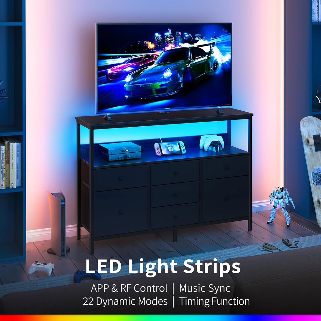 Yoobure TV Stand Dresser for Bedroom, 7 Fabric Drawers Entertainment Center, LED Dressers with Power Outlets, TV Stands for Living Room with Storage Shelf, TV Console Entertainment Stand up to 50" TV - Grand Goldman