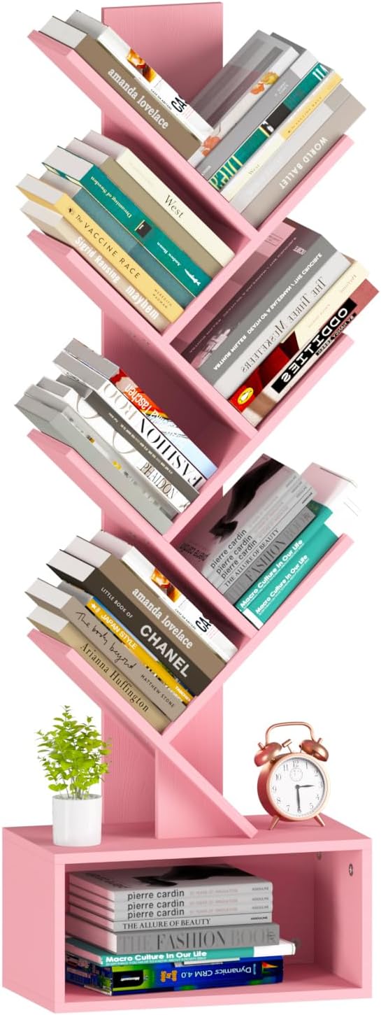 Yoobure Tree Bookshelf - 6 Shelf Retro Floor Standing Bookcase, Tall Wood Book Storage Rack for CDs/Movies/Books, Utility Book Organizer Shelves for Bedroom, Living Room, Home Office - Grand Goldman