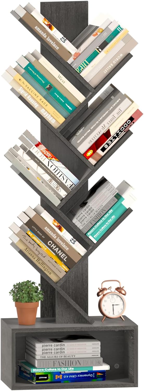 Yoobure Tree Bookshelf - 6 Shelf Retro Floor Standing Bookcase, Tall Wood Book Storage Rack for CDs/Movies/Books, Utility Book Organizer Shelves for Bedroom, Living Room, Home Office - Grand Goldman