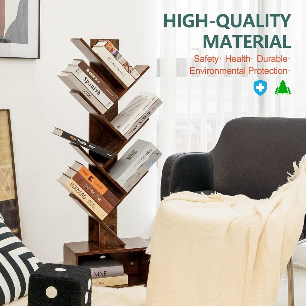 Yoobure Tree Bookshelf - 6 Shelf Retro Floor Standing Bookcase, Tall Wood Book Storage Rack for CDs/Movies/Books, Utility Book Organizer Shelves for Bedroom, Living Room, Home Office - Grand Goldman
