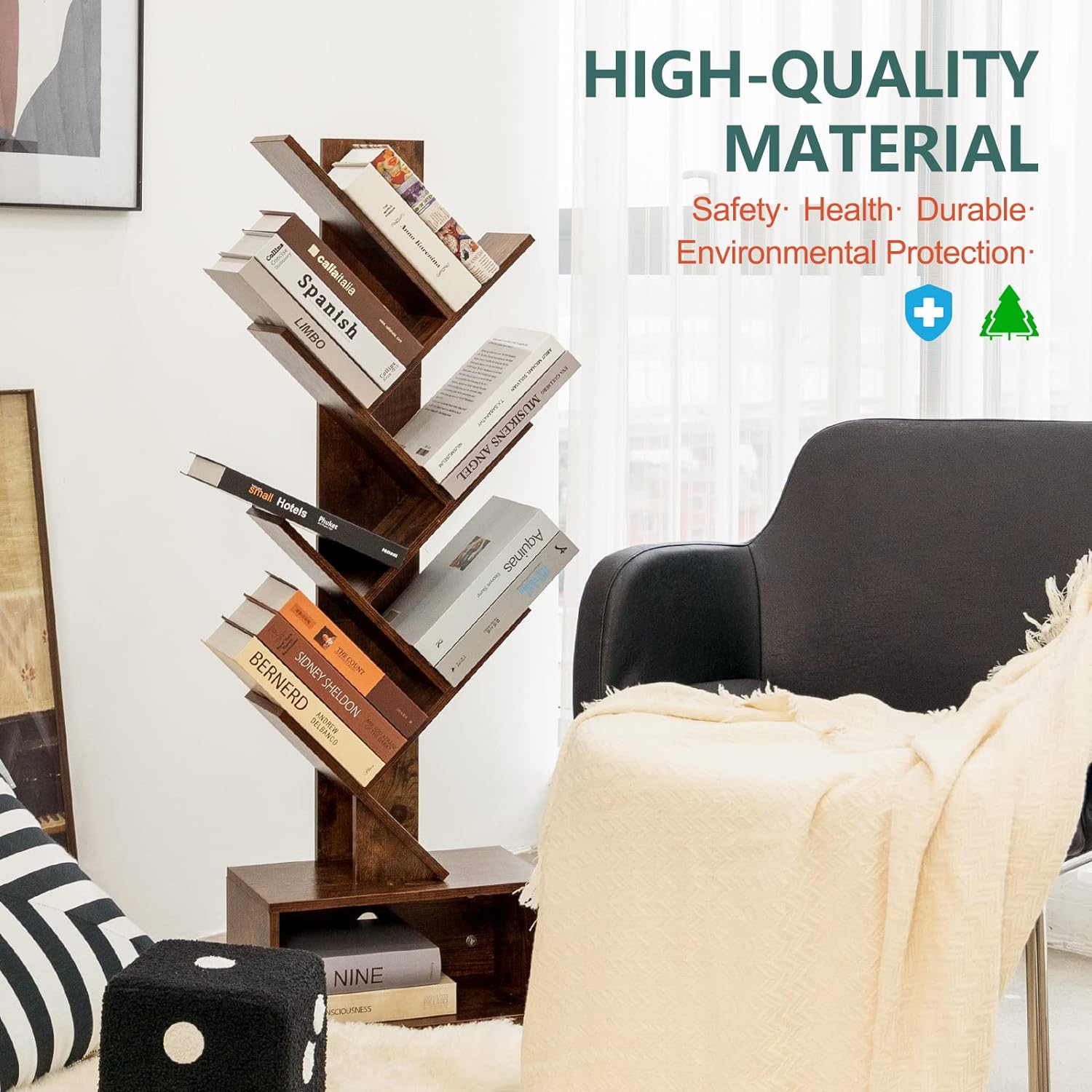 Yoobure Tree Bookshelf - 6 Shelf Retro Floor Standing Bookcase, Tall Wood Book Storage Rack for CDs/Movies/Books, Utility Book Organizer Shelves for Bedroom, Living Room, Home Office - Grand Goldman