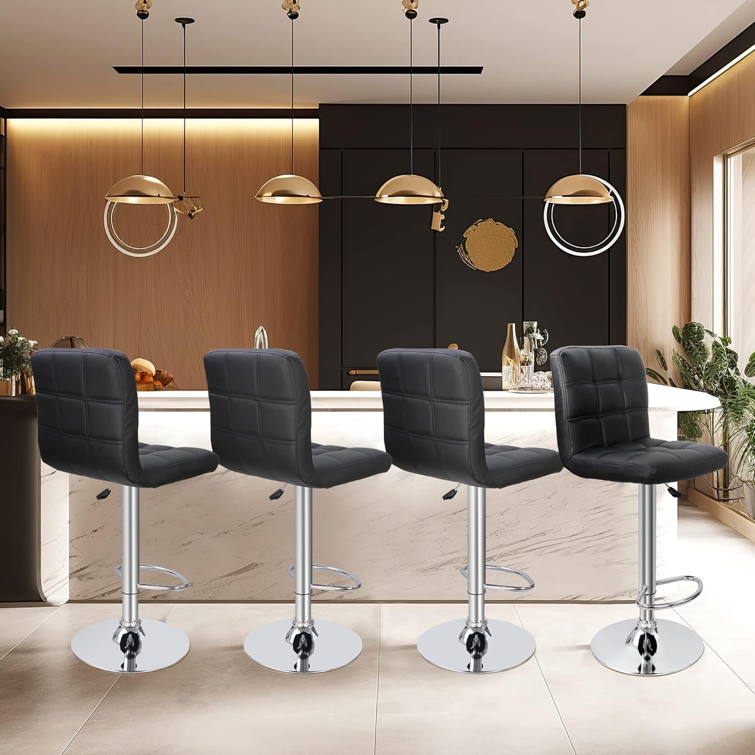 ZENY Set of 4 Adjustable Swivel Barstools, Modern PU Leather Kitchen Counter Bar Stools, Square Back Bar Stool - Grand Goldman