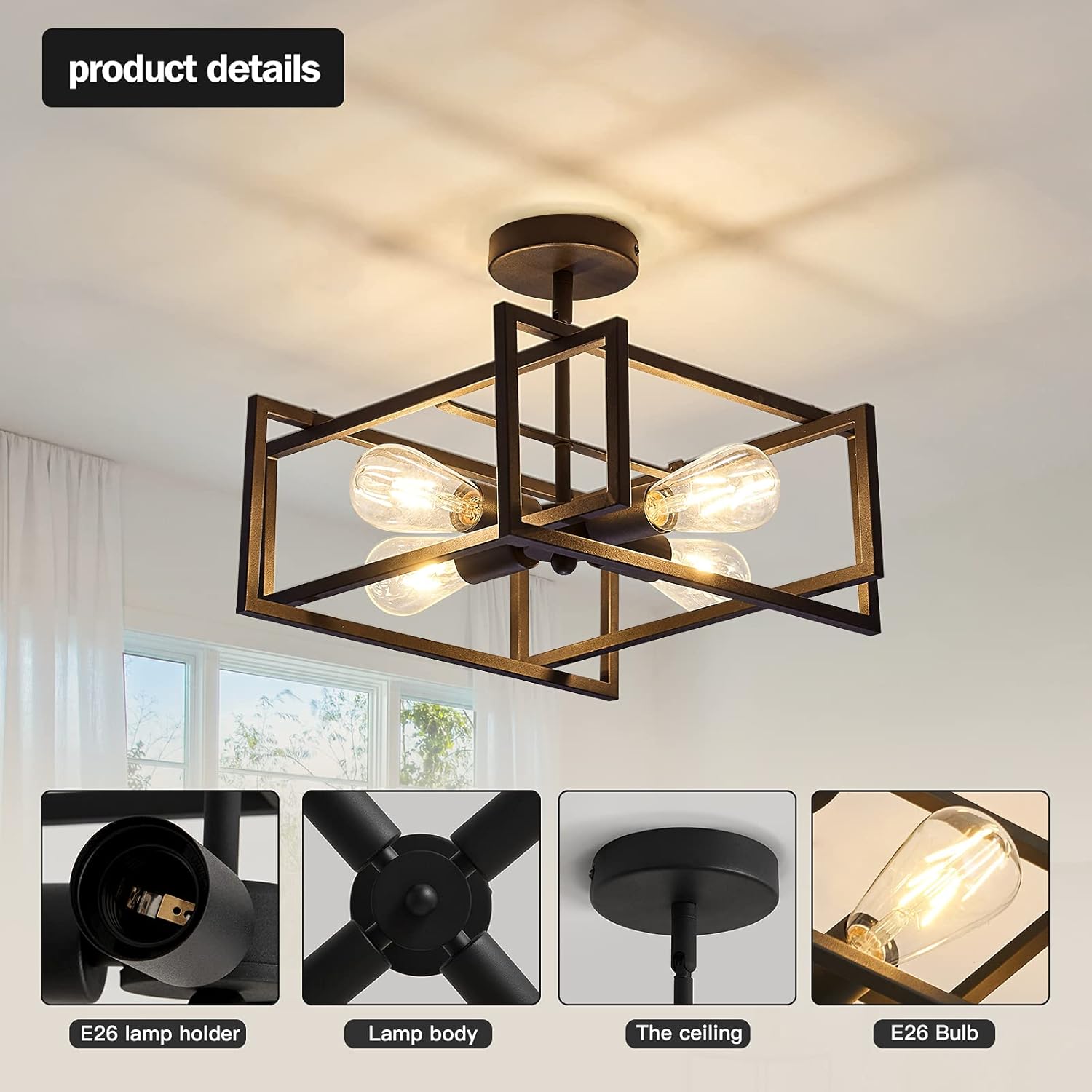 ZGLAOJT 4-Lights Close to Ceiling Light，Black Light Fixture Industrial Flush Mount Ceiling Light ，Farmhouse Chandelier Lighting for Kitchen Island Dining Room Bedroom Foyer Hallway - Grand Goldman