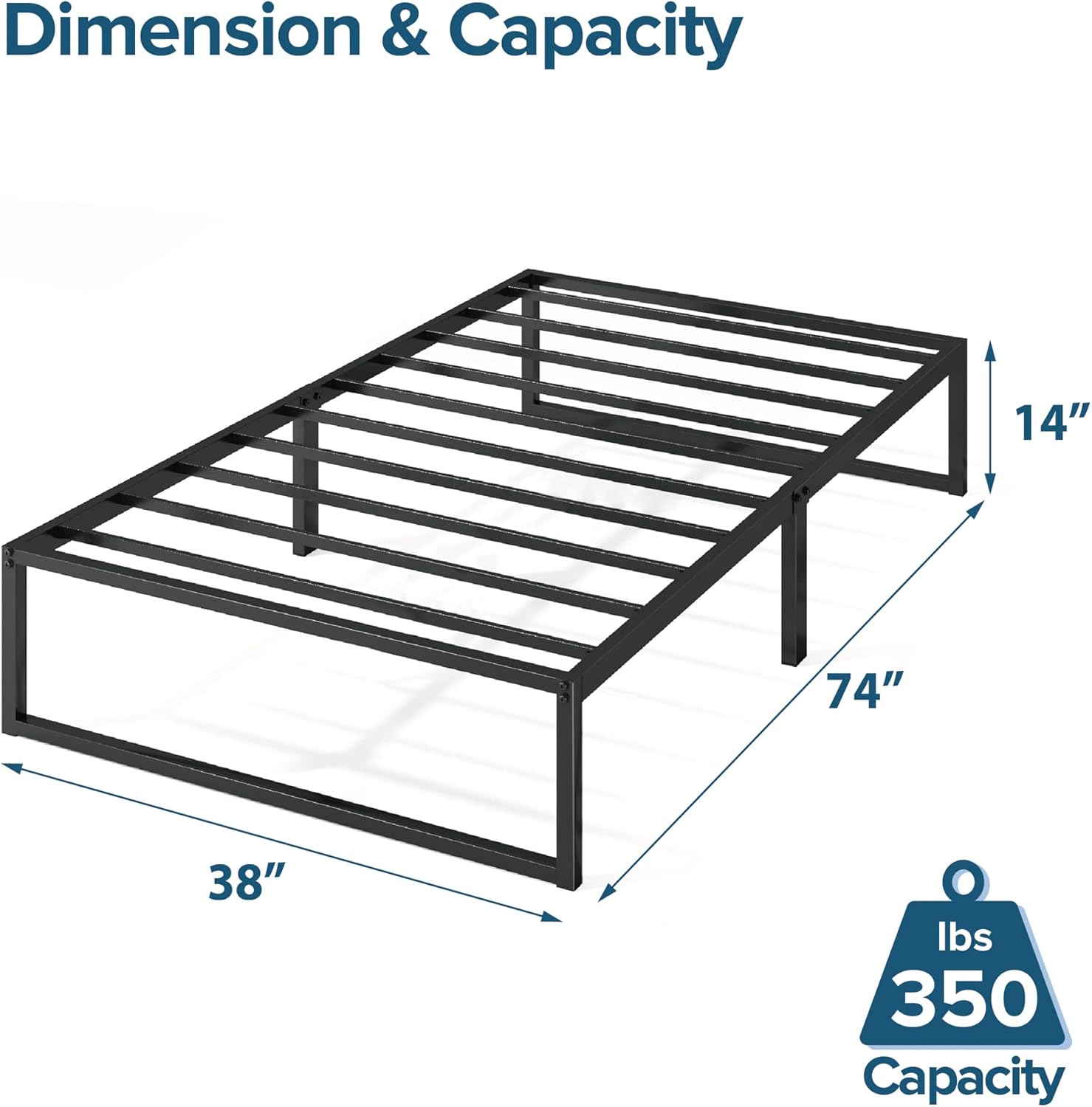 ZINUS Lorelei 14 Inch Metal Platform Bed Frame, Mattress Foundation with Steel Slat Support, No Box Spring Needed, Easy Assembly, Twin, Black - Grand Goldman