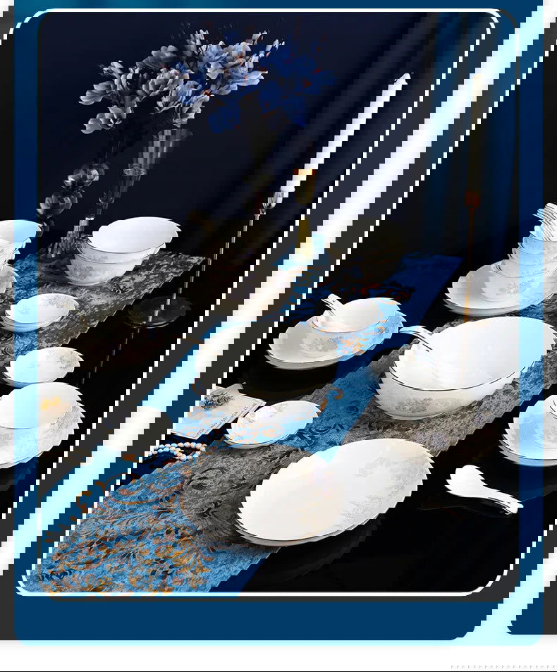 Zimo Flower Phnom Penh Bone Porcelain Tableware, Household Light Luxury Ceramic Bowl and Spoon Set, Bowl and Plate Combination - Grand Goldman