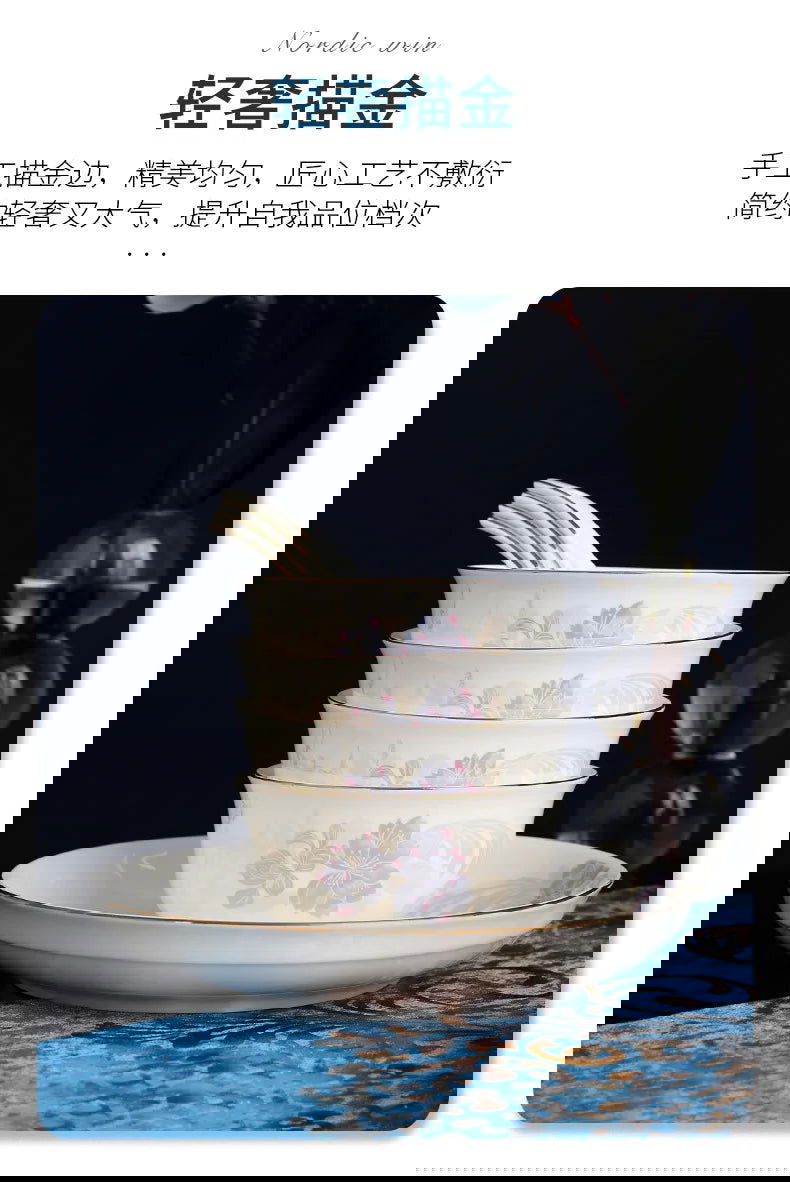 Zimo Flower Phnom Penh Bone Porcelain Tableware, Household Light Luxury Ceramic Bowl and Spoon Set, Bowl and Plate Combination - Grand Goldman