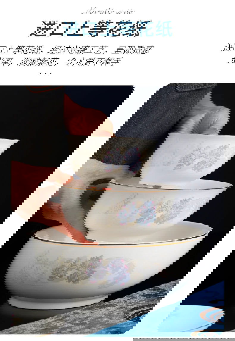 Zimo Flower Phnom Penh Bone Porcelain Tableware, Household Light Luxury Ceramic Bowl and Spoon Set, Bowl and Plate Combination - Grand Goldman