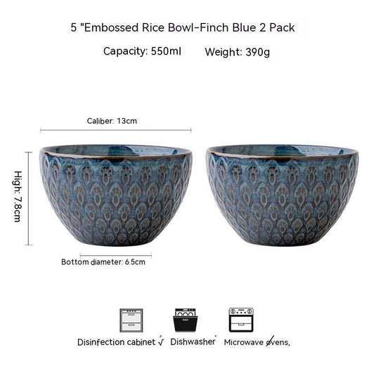 Household 5-inch Ceramic Peacock Relief Rice Bowl