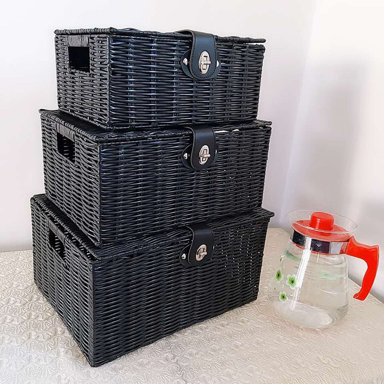 Household Plastic Rattan-like Desktop Storage Basket Storage With Lid