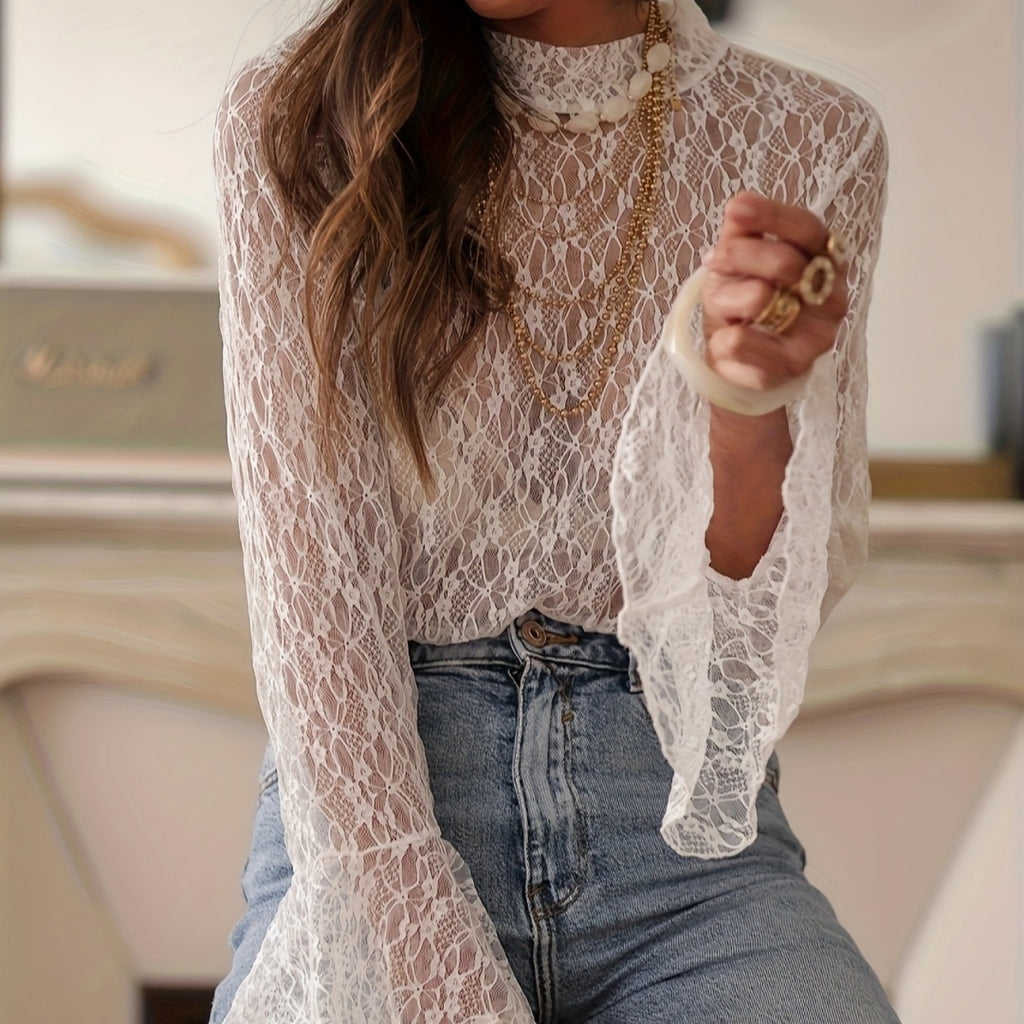 Women's Fashion Lace Hollow-out Long-sleeved T-shirt