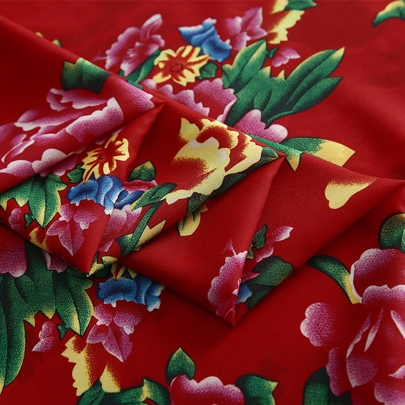 Red Chinese Style Gorgeous Flowers Print Polyester Chiffon Fabric