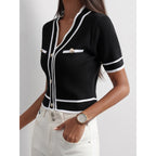 Black And White Temperament French V-neck Color Blocking