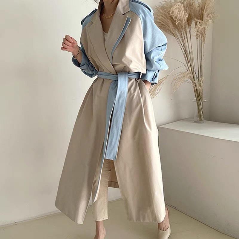 Retro Lapels Design Stitching Contrast Color Lace-up Waist Long Trench Coat Women