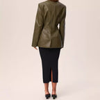 Fashionable Elegant Green V-neck Slim Suit Leather Coat
