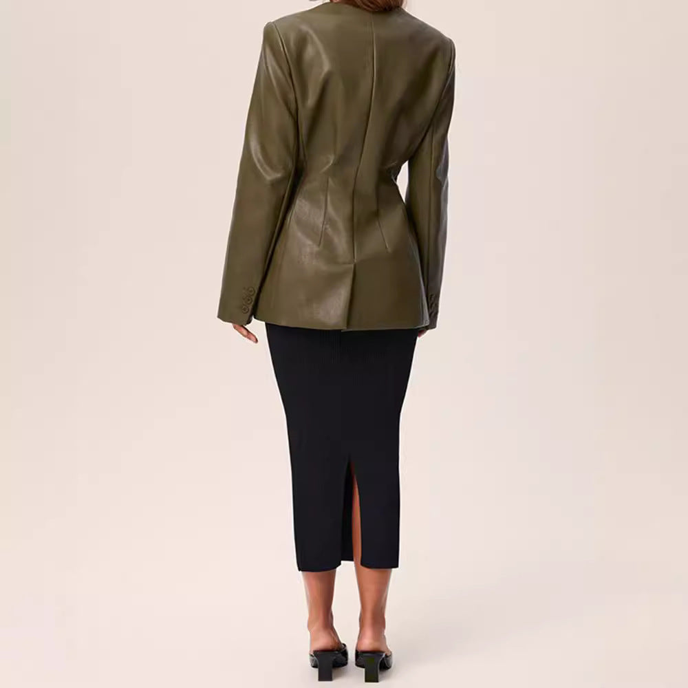 Fashionable Elegant Green V-neck Slim Suit Leather Coat