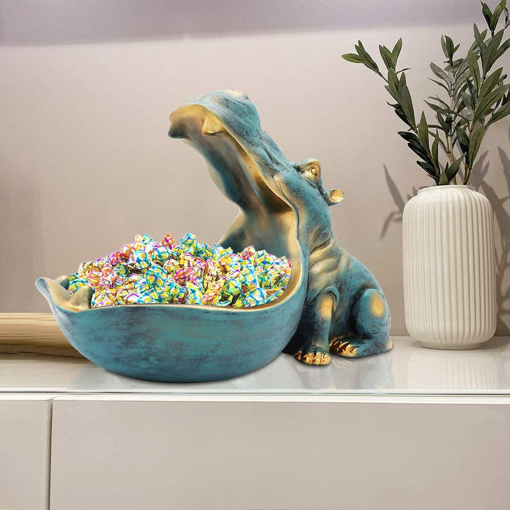 aboxoo Hippo Statue,Large Hippopotamus Figurine Home Sculpture with Resin, Hippo Candy Jar, Candy Dish Bowl for Office Desk, Key Bowl for Entryway Table,Container Storage Art Decor Box(Dark Blue) - Grand Goldman