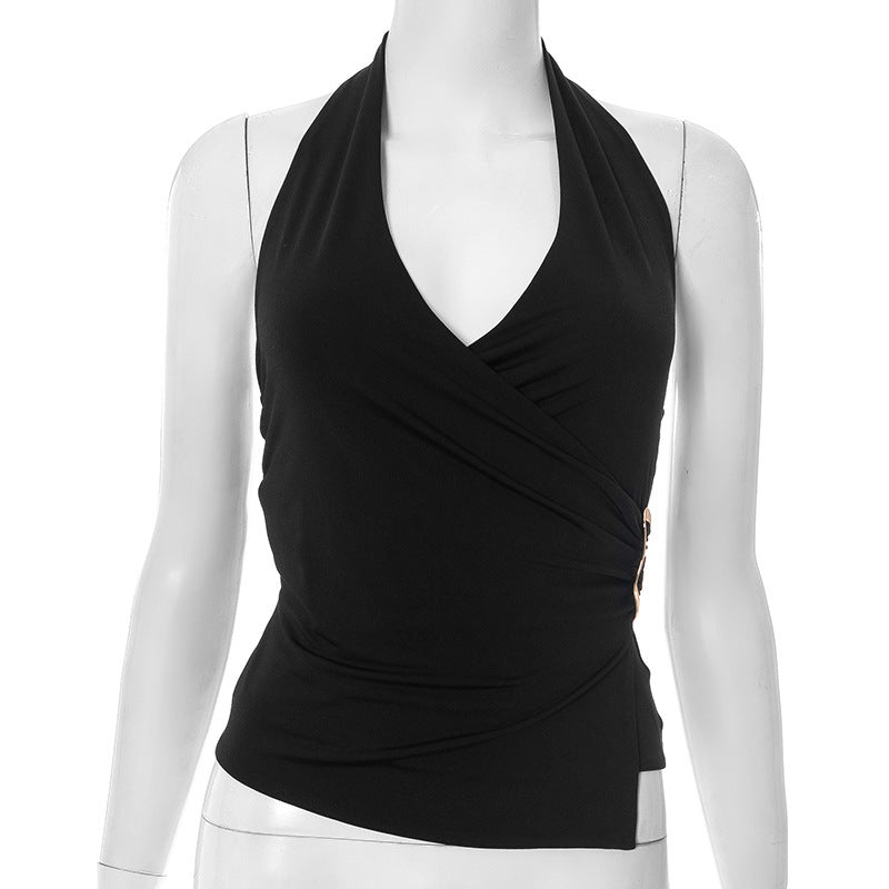 V-neck Sleeveless Navel Pleated Suspender Top