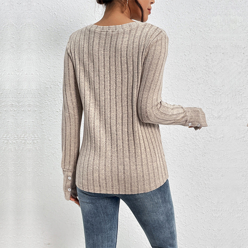 Women's Slim-fit T-shirt Lace V-neck Patchwork Texture Sunken Stripe Knitted Top