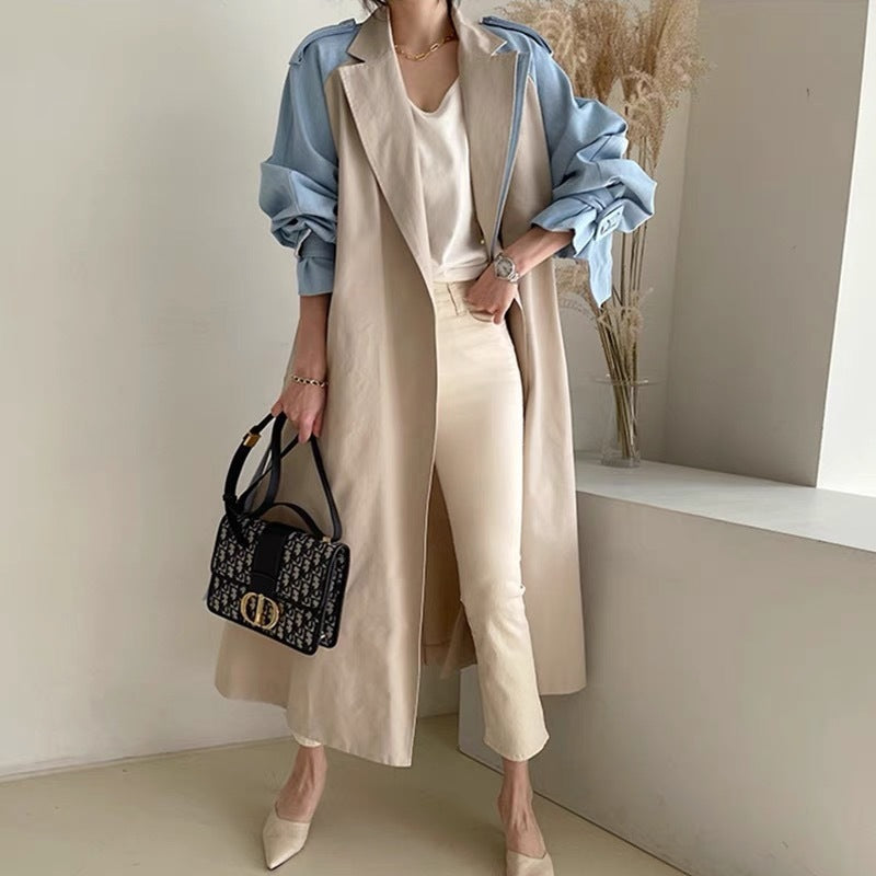 Retro Lapels Design Stitching Contrast Color Lace-up Waist Long Trench Coat Women