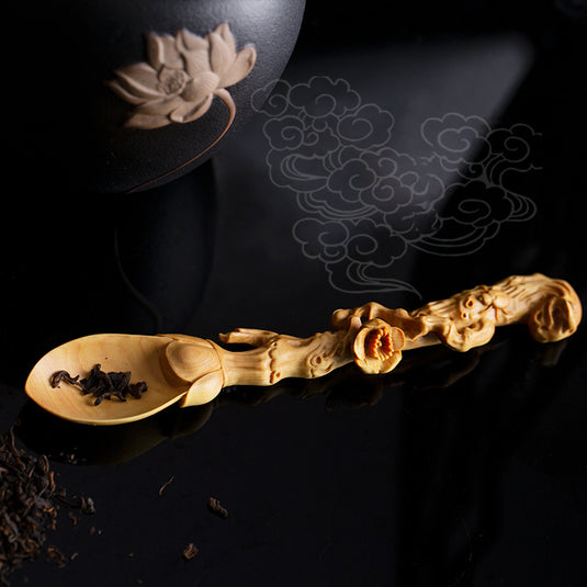 Boxwood Carving Crafts Chinese Zen Tea Sculpted Artisanal Wooden Spoon