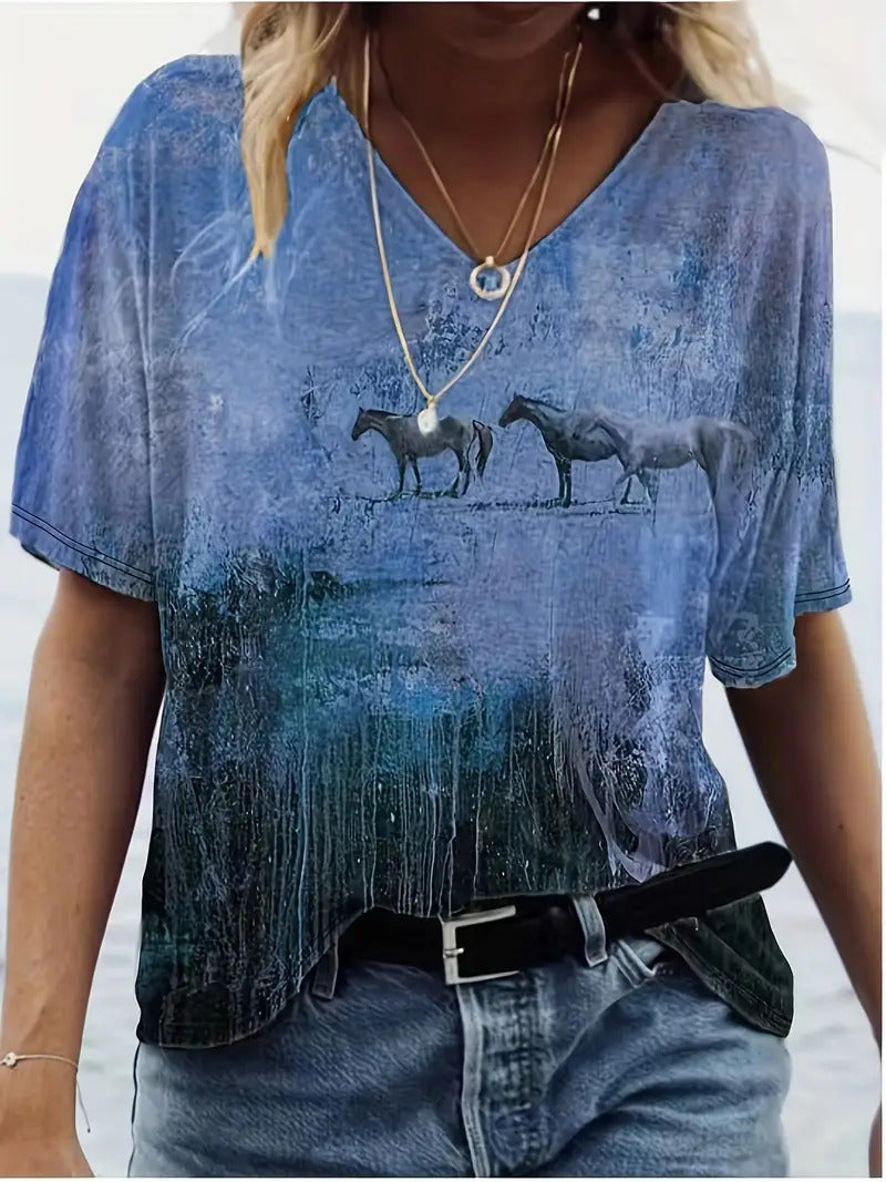 Fashion Comfortable Animal Plant Pattern Short Sleeve V-neck T-shirt