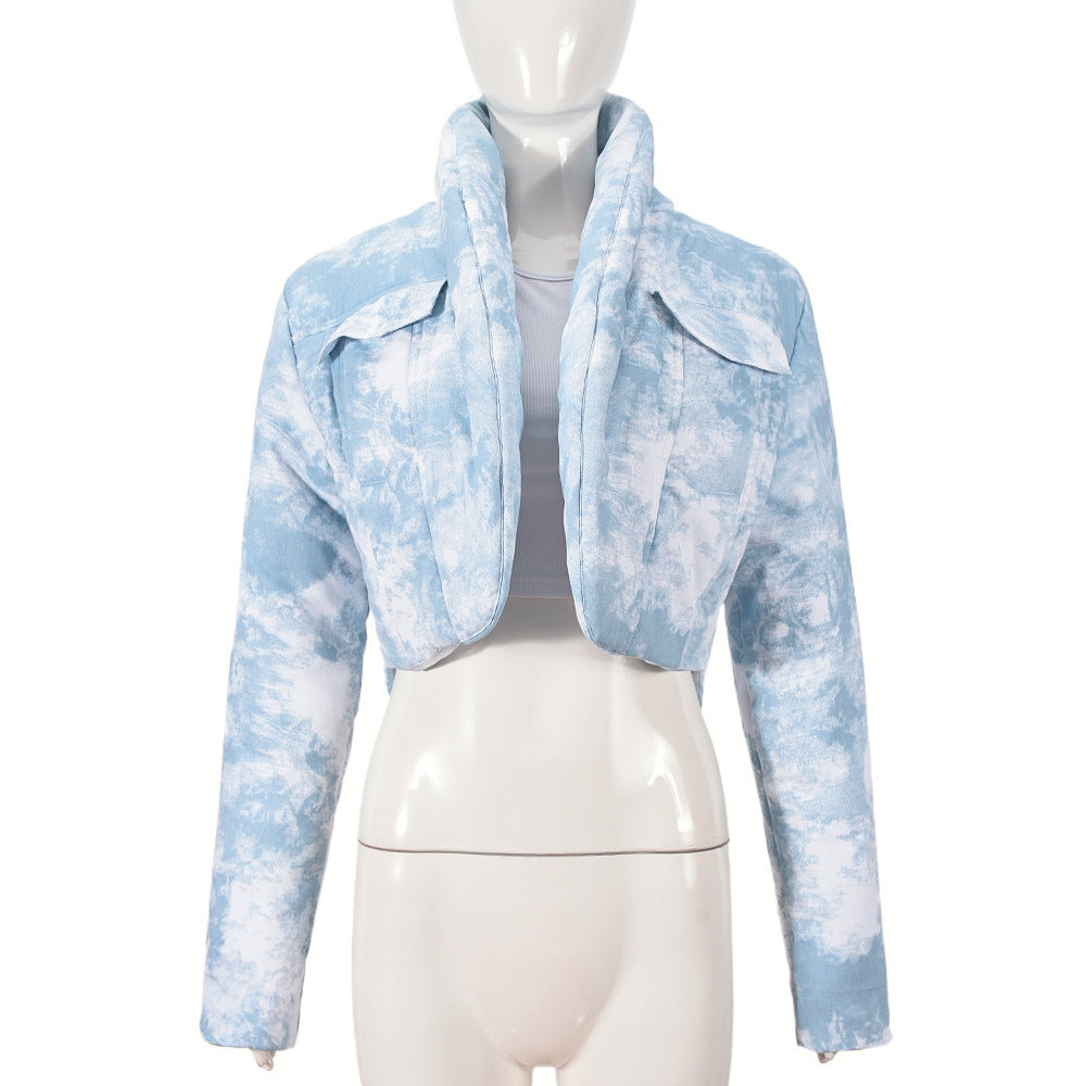 Quilted Scarf Stand Collar Pocket Long Sleeve Blooming Color Matching Short Cotton-padded Coat Coat For Women
