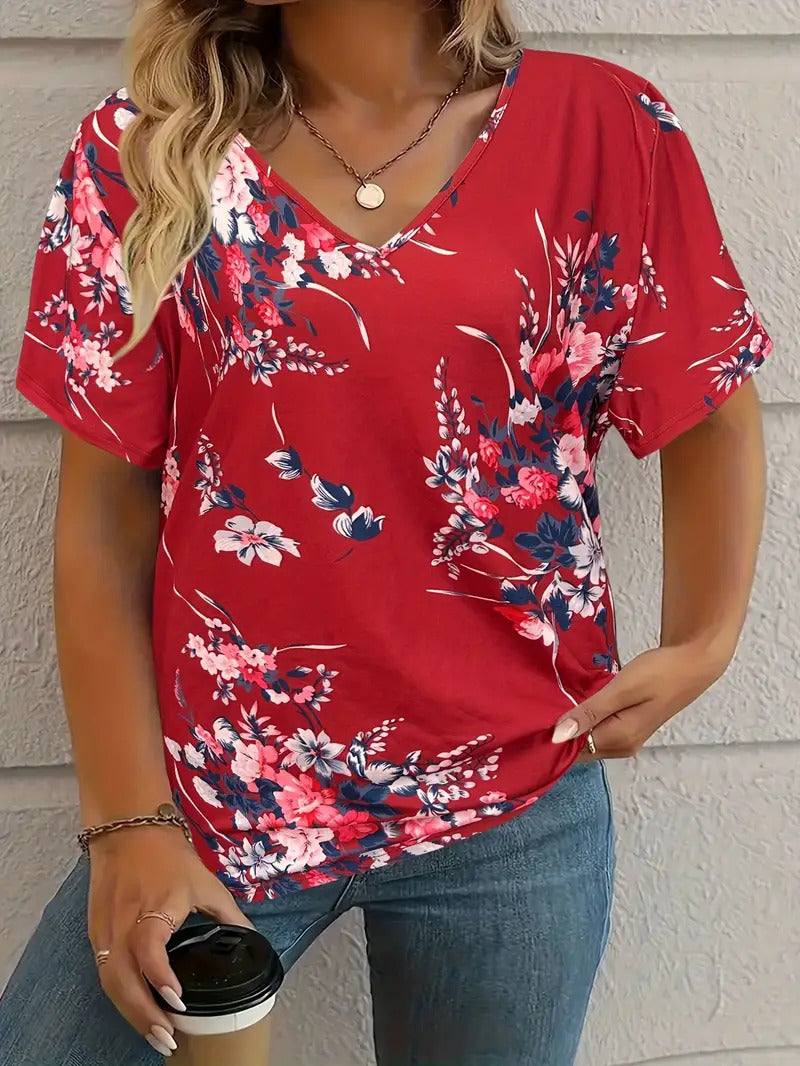 Fashion Comfortable Animal Plant Pattern Short Sleeve V-neck T-shirt