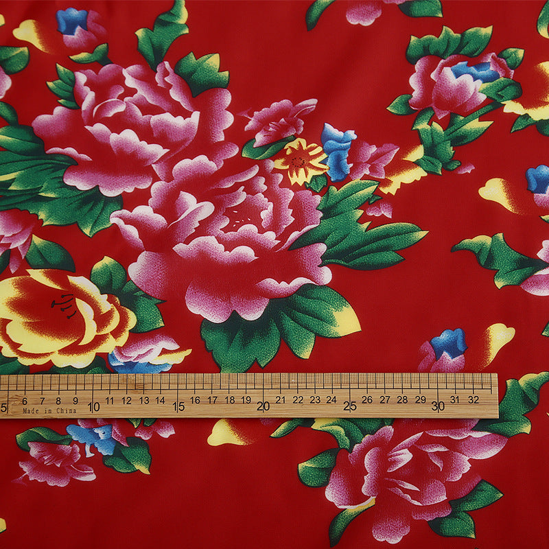 Red Chinese Style Gorgeous Flowers Print Polyester Chiffon Fabric