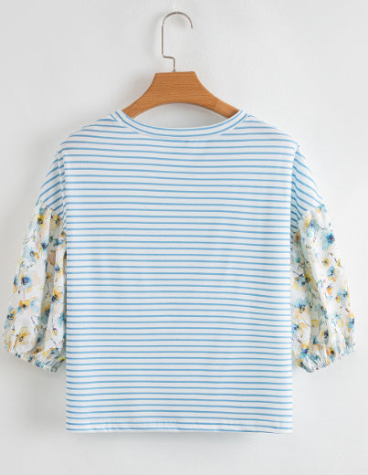 Sky Blue Stripe Floral Three Quarter Sleeves Patchwork Drop Shoulder Top