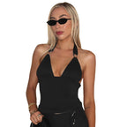 Pure Color Halter Metal Ring V-neck Slim Vest