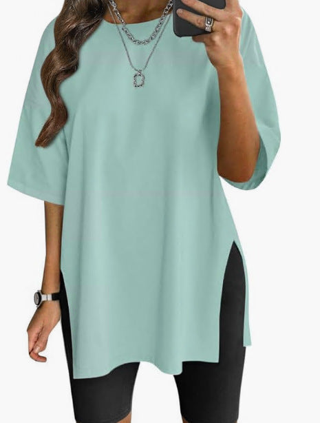 Women's Solid Color Split Short-sleeved T-shirt Round Neck Loose Top