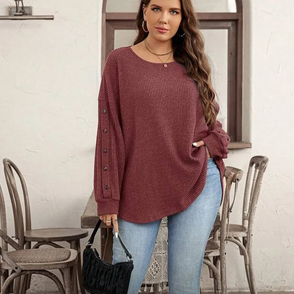 Wild Ginger Plus Size Ribbed Button Decor Long Sleeve Loose Top