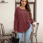 Wild Ginger Plus Size Ribbed Button Decor Long Sleeve Loose Top