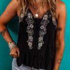 Black Floral Embroidery Ruffled Spaghetti Straps Tank Top