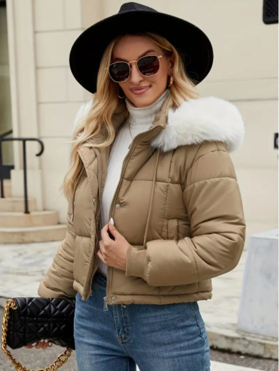 Women's Chic Mint Green Puffer Jacket With Faux Fur Trim Hood - Grand Goldman