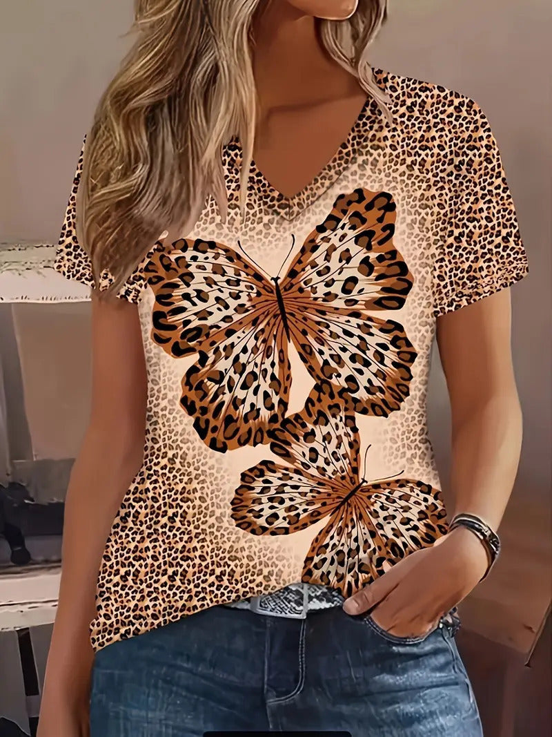 Fashion Comfortable Animal Plant Pattern Short Sleeve V-neck T-shirt